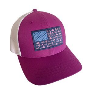 Columbia PFG Trucker Hat Cap Mesh Pink USA Flag Fish Performance Fishing Gear